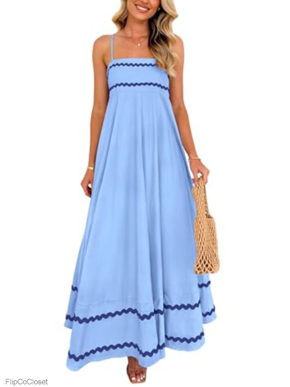 Boho Maxi Dress Square Neck A-Line Sleeveless Spaghetti Strap